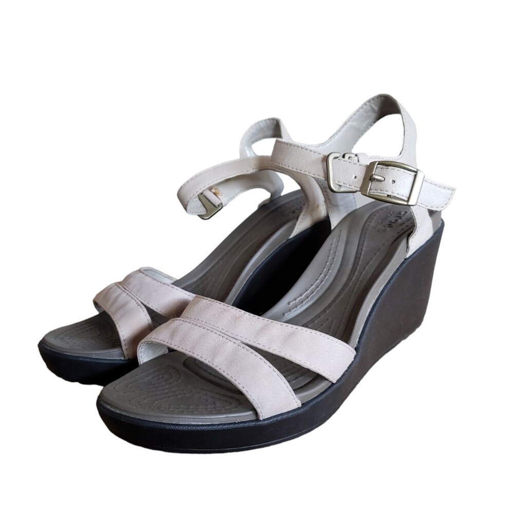 Crocs Women's Leigh II Sandals Size 10 Beige Canvas Wedge Heel Ankle Strap Beach